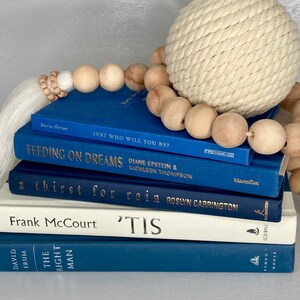 May include: A stack of five blue hardcover books with white spines. The books are arranged from largest to smallest. The top book has the title "Feeding on Dreams" and the author "Diane Epstein & Kathleen Thompson". The second book has the title "a thirst for rain" and the author "Roslyn Carrington". The third book has the title "'Tis" and the author "Frank McCourt". The fourth book has the title "The Right Man" and the author "David Frum". The bottom book has the title "Just Who Will You Be?" and the author "Maria Strier". A white rope ball and a wooden bead garland are on top of the books.