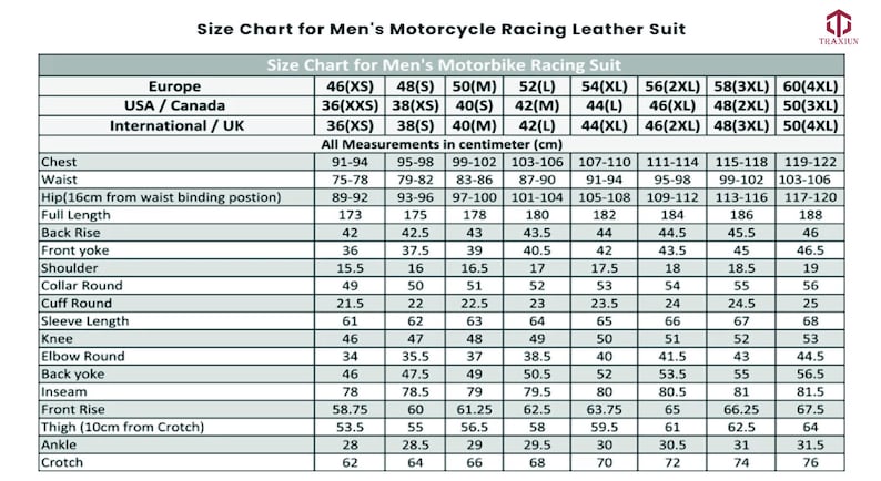 May include: Size chart for men's motorcycle racing leather suits. Measurements in centimeters (cm) for chest (91-122 cm), waist (75-106 cm), hip (89-120 cm), and other dimensions. Includes sizes for Europe, USA/Canada, and International/UK.