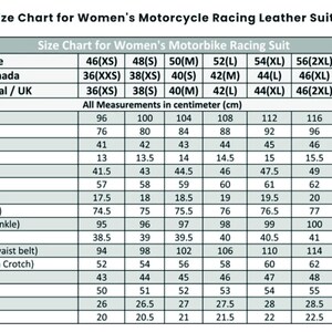 May include: Size chart for women's motorcycle racing leather suits. Measurements are in centimeters. Includes chest, waist, collar, shoulder, sleeve, and inseam measurements. Sizes range from 46(XS) to 60(4XL).