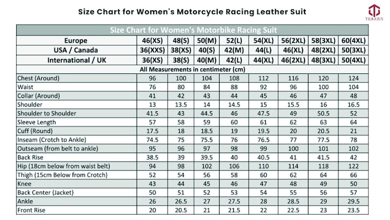 May include: Size chart for women's motorcycle racing leather suits. Measurements are in centimeters. Includes chest, waist, collar, shoulder, sleeve, and inseam measurements. Sizes range from 46(XS) to 60(4XL).