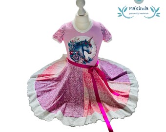 Festliches Kleid - Sommerkleid Größe 134 - Drehkleid Einschulungskleid Jerseykleid Festkleid Partykleid mit Einhorn und Fake Glitzer