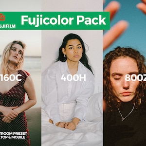 Puede incluir: Tres mujeres con diferentes tonos de piel y colores de cabello se muestran en un collage. El texto "Fujicolor Pack" se muestra en verde en la parte superior de la imagen. Las mujeres están etiquetadas con el texto "160C", "400H" y "800Z". El texto "Lightroom Preset Desktop & Mobile" se muestra en la parte inferior de la imagen.