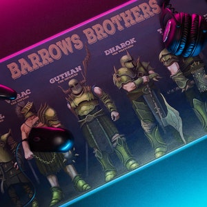 May include: Gaming mouse mat with the text "BARROWS BROTHERS" and character illustrations. A black gaming mouse, controller, and headset are on the mat. The mat has a blue and pink neon border.