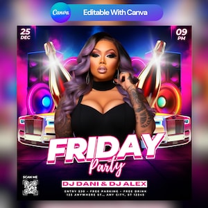 Editable Club Flyer Template For Canva, DIY Event Flyer, Party Flyer, Digital Birthday Flyer, DJ Party Invite for Social Media, Instagram