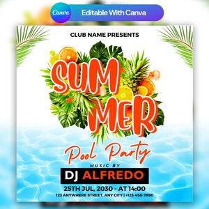 Folleto de fiesta en la piscina, anuncio de fiesta en la piscina en las redes sociales Invitación editable a la piscina de verano, plantilla DIY Canva, fiesta de cumpleaños piscina verano Canva