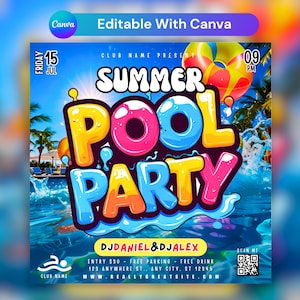 Volante de fiesta de verano en la piscina, anuncio de fiesta en la piscina en redes sociales, invitación editable de verano en la piscina, plantilla de Canva DIY, fiesta de cumpleaños en la piscina de verano