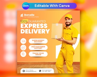 May include: A yellow and orange graphic with the text "Borcelle" and "100% Guaranteed Express Delivery". A delivery person in a yellow uniform holds a brown box. The graphic includes icons for a delivery truck, a phone, and a smartphone.