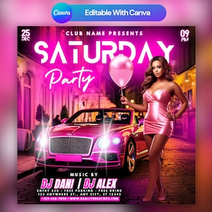 Editable Club Flyer Template For Canva, DIY Event Flyer, Party Flyer, Digital Birthday Flyer, DJ Party Invite for Social Media, Instagram