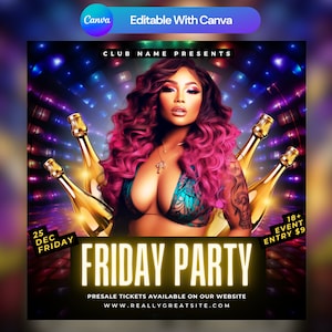 Editable Club Flyer Template For Canva, DIY Event Flyer, Party Flyer, Digital Birthday Flyer, DJ Party Invite for Social Media, Instagram