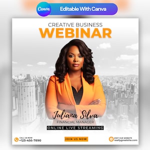Könnte beinhalten: Eine Frau in einem leuchtend orangefarbenen Blazer steht vor einer Skyline. Der Text "CREATIVE BUSINESS WEBINAR" befindet sich oben im Bild. Der Text "Juliana Silva" befindet sich unter dem Bild der Frau. Der Text "FINANCIAL MANAGER" befindet sich unter "Juliana Silva". Der Text "ONLINE LIVE STREAMING" befindet sich unter "FINANCIAL MANAGER". Der Text "JOIN US NOW" befindet sich unten im Bild. Der Text "CALL US NOW +123-456-7890" befindet sich in der linken unteren Ecke des Bildes. Der Text "VISIT OUR WEBSITE reallygreatsite.com" befindet sich in der rechten unteren Ecke des Bildes.