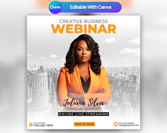 May include: A woman in a bright orange blazer stands in front of a city skyline. The text "CREATIVE BUSINESS WEBINAR" is at the top of the image. The text "Juliana Silva" is below the woman's image. The text "FINANCIAL MANAGER" is below "Juliana Silva". The text "ONLINE LIVE STREAMING" is below "FINANCIAL MANAGER". The text "JOIN US NOW" is at the bottom of the image. The text "CALL US NOW +123-456-7890" is in the bottom left corner of the image. The text "VISIT OUR WEBSITE reallygreatsite.com" is in the bottom right corner of the image.