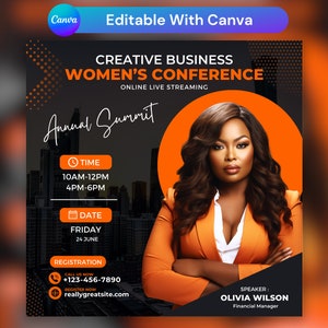 Peut inclure: Une affiche noire et orange pour une conférence des femmes d'affaires créatives. L'affiche présente une femme aux cheveux foncés et une veste orange vif. Le texte sur l'affiche indique "Sommet annuel", "Heure : 10h00-12h00, 16h00-18h00", "Date : Vendredi 24 juin", "Inscription", "Appelez-nous maintenant : +123-456-7890", "Inscrivez-vous maintenant : reallygreatsite.com", "Conférencière : Olivia Wilson, directrice financière".