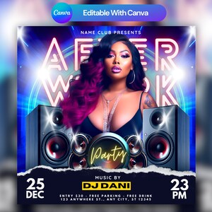 Editable Club Flyer Template For Canva, DIY Event Flyer, Party Flyer, Digital Birthday Flyer, DJ Party Invite for Social Media, Instagram