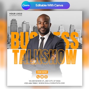 Peut inclure: Une image en noir et blanc d'une ville avec un homme en costume debout devant. Le texte "Business Talkshow" est en grandes lettres orange. Le texte "Join Now" est en plus petites lettres orange. Le texte "123 Anywhere St., Any City, ST 12345" et "+123-456-7890 | WWW.REALLYGREATSITE.COM" est en lettres noires.