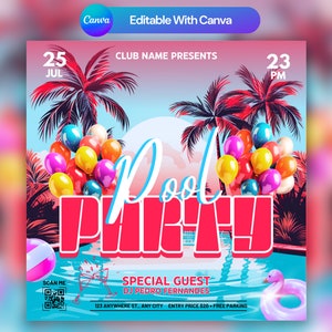 Pool Party Flyer, Social Media Pool Party Aankondiging Bewerkbare Zomerzwembad Uitnodiging, DIY Canva Sjabloon, Verjaardagsfeestje Zwembad Zomer Canva