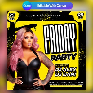 Editable Club Flyer Template For Canva, DIY Event Flyer, Party Flyer, Digital Birthday Flyer, DJ Party Invite for Social Media, Instagram