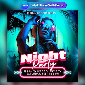 Editable Club Flyer Template For Canva, DIY Event Flyer, Party Flyer, Digital Birthday Flyer, DJ Party Invite for Social Media, Instagram