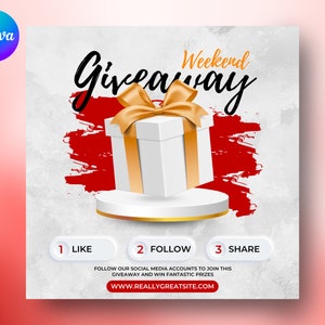 Peut inclure: Une boîte cadeau blanche avec un ruban doré est posée sur un piédestal blanc sur un fond rouge et blanc. Le texte "Weekend Giveaway" est écrit en cursive noire au-dessus de la boîte. Le texte "1 LIKE 2 FOLLOW 3 SHARE" est écrit en noir sous la boîte. Le texte "FOLLOW OUR SOCIAL MEDIA ACCOUNTS TO JOIN THIS GIVEAWAY AND WIN FANTASTIC PRIZES" est écrit en noir sous le texte "1 LIKE 2 FOLLOW 3 SHARE". Le texte "WWW.REALLYGREATSITE.COM" est écrit en noir sous le texte "FOLLOW OUR SOCIAL MEDIA ACCOUNTS TO JOIN THIS GIVEAWAY AND WIN FANTASTIC PRIZES".