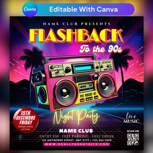 Może przedstawiać: Retro ulotka z ilustracją różowego boomboxa, promująca imprezę nocną "Flashback to the 90s". Projekt zawiera neonowe kolory, palmy i szczegóły wydarzenia, w tym datę, godzinę i miejsce.