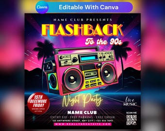Editable 90s Retro Party Flyer Template, 80s party flyer (Canva)