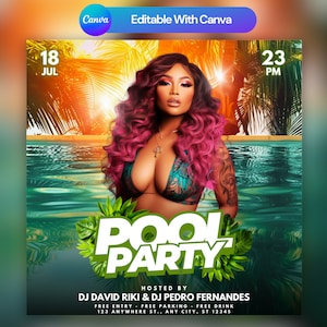 Folleto de fiesta en la piscina, anuncio de fiesta en la piscina en las redes sociales Invitación editable a la piscina de verano, plantilla DIY Canva, fiesta de cumpleaños piscina verano Canva