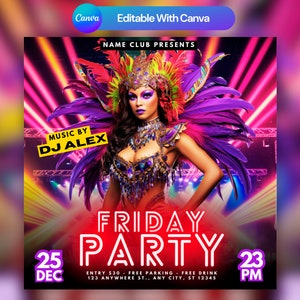 Editable Club Flyer Template For Canva, DIY Event Flyer, Party Flyer, Digital Birthday Flyer, DJ Party Invite for Social Media, Instagram