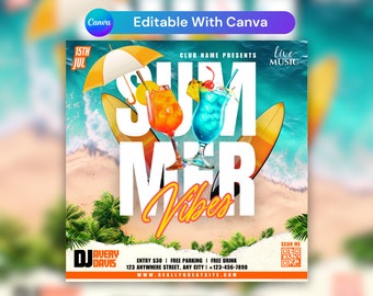 May include: Summer Vibes party flyer with a white text overlay on a beach scene with palm trees, surfboards, and tropical drinks. The flyer includes the date "15th Jul", the text "Live Music", and the text "DJ Avery Davis".