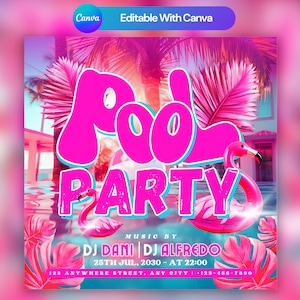 Folleto de fiesta en la piscina, anuncio de fiesta en la piscina en las redes sociales Invitación editable a la piscina de verano, plantilla DIY Canva, fiesta de cumpleaños piscina verano Canva