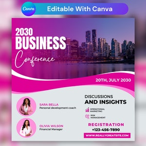 Op de afbeelding: Een roze en witte flyer voor een 2030 Business Conference. De flyer toont een nachtelijke skyline, de datum "20TH, JULY 2030" en de tekst "DISCUSSIONS AND INSIGHTS". De flyer bevat ook de namen en titels van twee sprekers: Sara Bella, Personal Development Coach, en Olivia Wilson, Financial Manager.