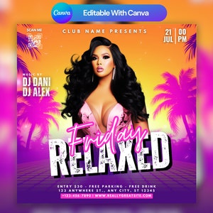 Editable Club Flyer Template For Canva, DIY Event Flyer, Party Flyer, Digital Birthday Flyer, DJ Party Invite for Social Media, Instagram