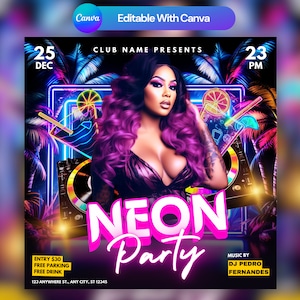 Editable Club Flyer Template For Canva, DIY Event Flyer, Party Flyer, Digital Birthday Flyer, DJ Party Invite for Social Media, Instagram