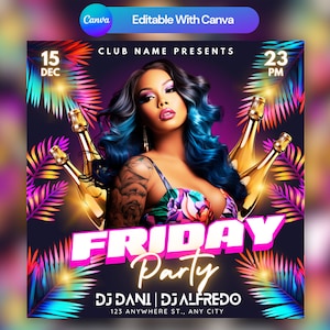 Editable Club Flyer Template For Canva, DIY Event Flyer, Party Flyer, Digital Birthday Flyer, DJ Party Invite for Social Media, Instagram