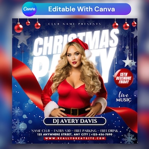 May include: A Christmas party flyer with a woman wearing a red Santa suit and a red ribbon. The flyer says "Christmas Party" and "DJ Avery Davis".