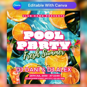 Folleto de fiesta en la piscina, anuncio de fiesta en la piscina en las redes sociales Invitación editable a la piscina de verano, plantilla DIY Canva, fiesta de cumpleaños piscina verano Canva