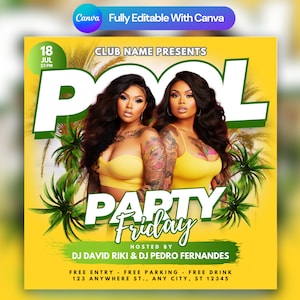 Folleto de fiesta en la piscina, anuncio de fiesta en la piscina en las redes sociales Invitación editable a la piscina de verano, plantilla DIY Canva, fiesta de cumpleaños piscina verano Canva