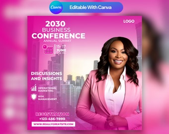 May include: A pink and white business conference announcement with a woman in a pink blazer. The text reads "2030 Business Conference Annual Summit" with the dates "15-17 June 10 a.m. - 1 p.m." and the text "Discussions and Insights" with the topics "Operational Marketing" and "Risk Management". The text "Registration +123-456-7890 www.reallygreatsite.com" is at the bottom of the announcement.