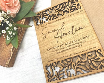 Wooden Wedding Invitations, Laser Cut Invites, Wedding Stationery, Rustic Wedding Invites, Laser Engraved Wood, Oak Wedding