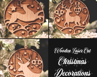 Christmas Laser Cut Decorations, Wooden Xmas Ornaments, Rustic Christmas Decoration Set