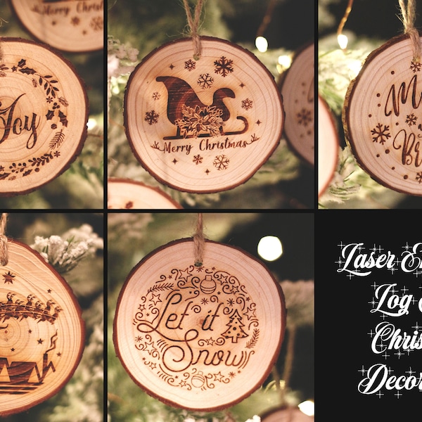 Christmas Log Slice Decorations, Laser Engraved Xmas Ornaments, Rustic Christmas Decoration Set