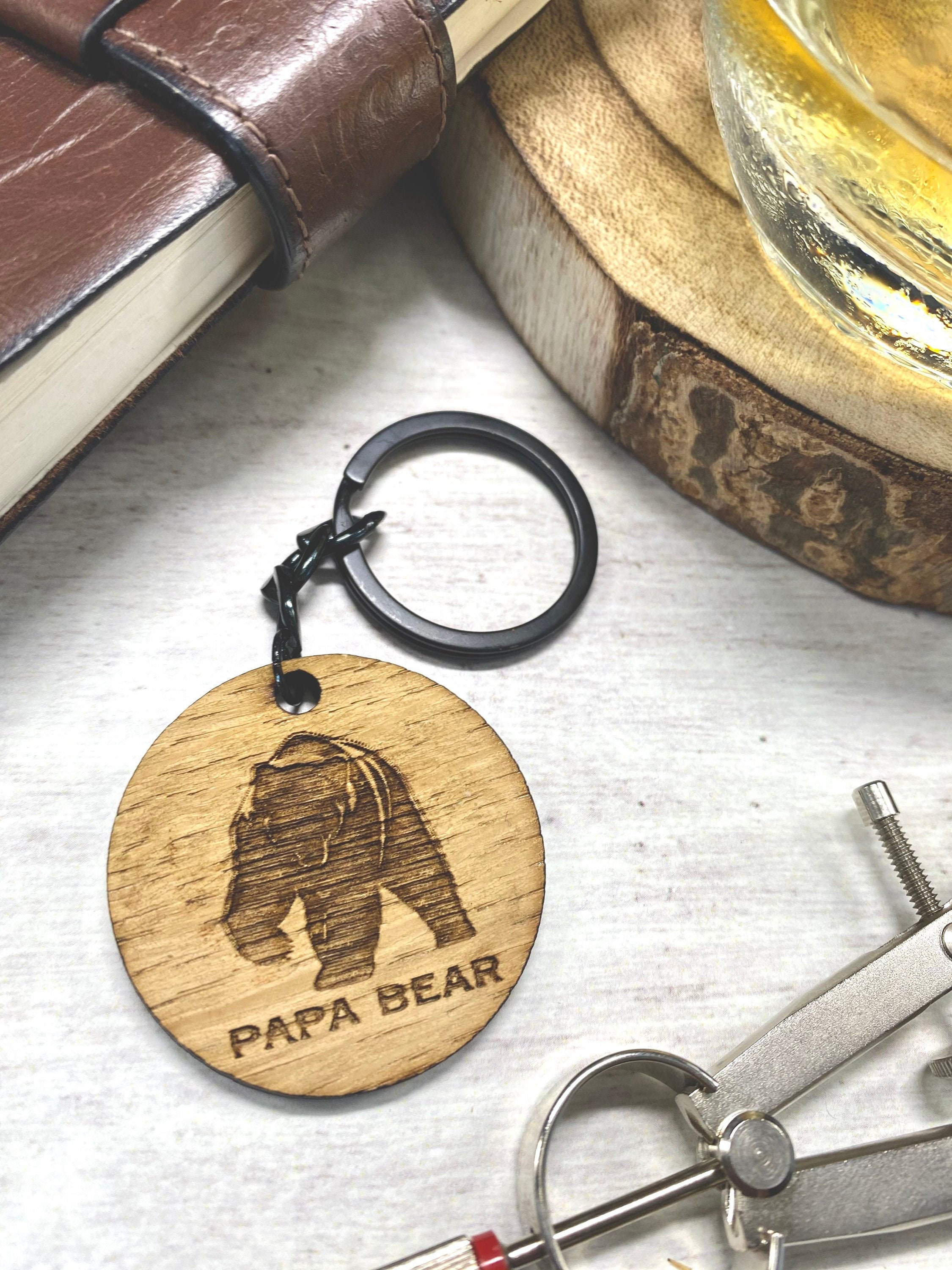 Father's Day Keyring Wooden Keyring Papa Bear Engraved Etsy