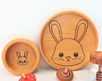 Handmade Beech Wood Bunny Plate and Bowl Set - Kids Snack Tray