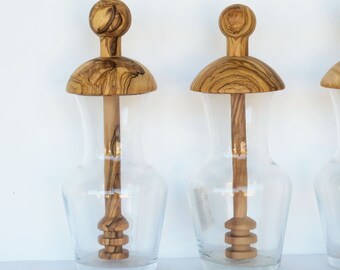 Glass and wood honey pot, honey vase with dipper, Honey vase with spoon, wooden honey pot, honey lovers gift, (200ml, small size)