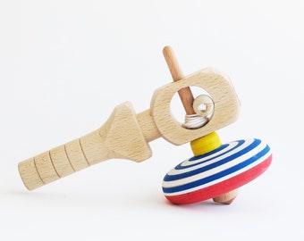Handgemachter Holzkreisel, rot blaue Farbe, Öko-Holzspielzeug, Gedrechselter Kreisel, Holzspielzeug, altes Spielzeug, von Josef Drechsler