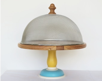 Handmade Wooden Cake Stand, Ochre & Blue Pedestal, Oak Wood