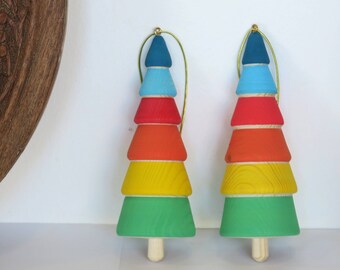 Handmade set of 2 wooden multicolored tree ornaments, Handcrafted Modern Decor, Home Accents, Cute Collectibles by josefwoodturner