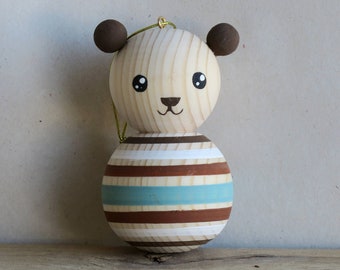 Handmade Wooden striped bear ornament, Handcrafted Modern Decor, Home Accents, Nordic Folklore, Cute Collectibles by josefwoodturner