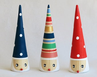 3 Handmade wooden Mini Gnomes, SET of Hand Painted Decor, Collectible Figurines, Unique Gift Gnome, Holiday Xmas gifts, by josefwoodturner