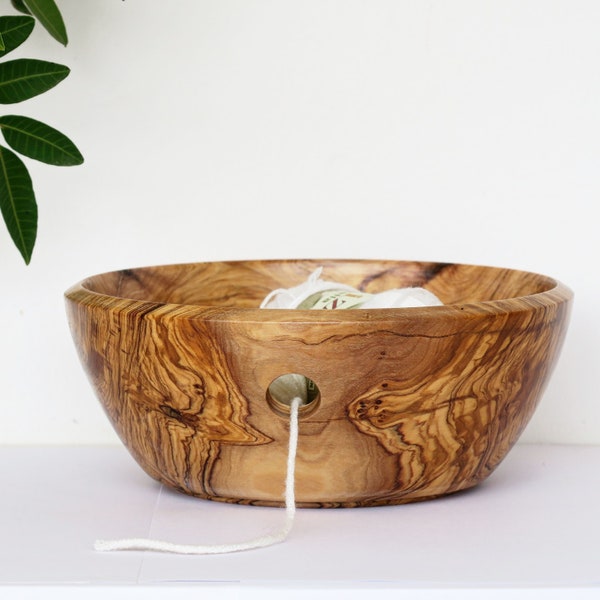 Handmade olive wood yarn bowl, crochet bowl, knitting bowl, made of olive wood, with rich grain, by josef woodturner