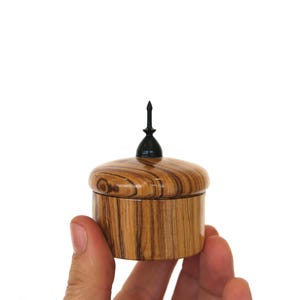 Handmade Olive Wood Ring Box, Ebony Finial, Tiny Keepsake Container
