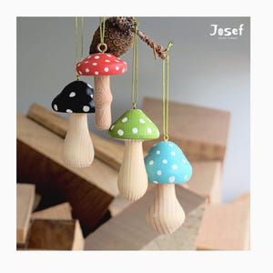 Handmade set of 5 wooden colorful mushrooms red, green, blue, yellow, black, mushroom ornaments, Christmas mushrooms, wooden party favors